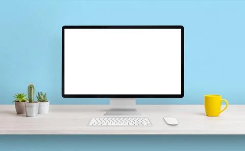 Computer display with white isolated screen for presentation on work desk. Cl Stock Photos