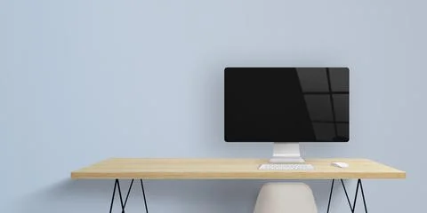 Computer display on work desk with blank screen and window reflection. Clean  Stock Photos