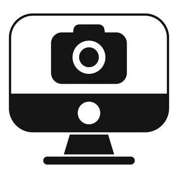 Computer displaying camera icon for online photography concept Illustrazione stock