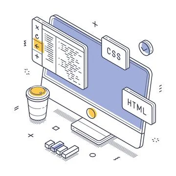 Computer displaying code with CSS and HTML icons, surrounded by design elemen Stock Illustration