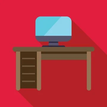 Computer displaying empty screen on wooden desk against red wall Illustrazione stock