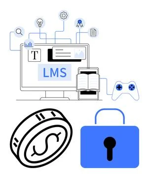 Computer displaying LMS interface, connected to various icons including light Stockillustratie