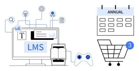 Computer displaying LMS interface, surrounded by icons of books, documents, a Stock Illustration