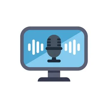 Computer displaying microphone icon with sound waves for podcasting Stock Illustration