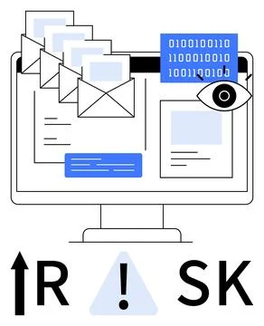 Computer displaying multiple electronic mail envelopes, binary code, and eye  Stock Illustration
