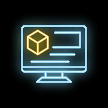 Computer displaying neon 3d cube icon for modeling software Illustrazione stock