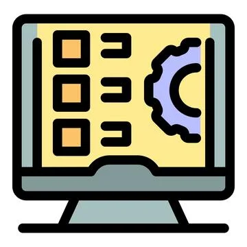 Computer displaying project management software with gear icon for settings.. Stockillustratie