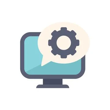 Computer displaying setting cogwheel inside speech bubble Stockillustratie