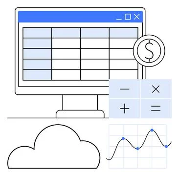 Computer displaying spreadsheet, calculator symbols, dollar sign, line graph, Stock Illustration