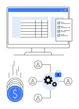 Computer displaying a task checklist and spreadsheet, falling dollar coins, g Stock Illustration