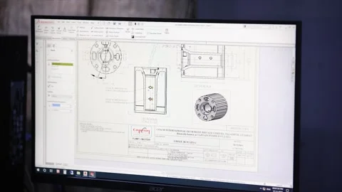 A computer displays a finalized of an engineering drawing for an industrial Stock Footage 328566603