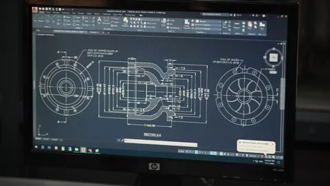 A computer displays an intricate two-dimensional technical blueprint created in Stock Footage 328481555