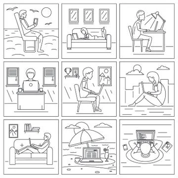 Computer distant work banner set, outline style Illustrazione stock