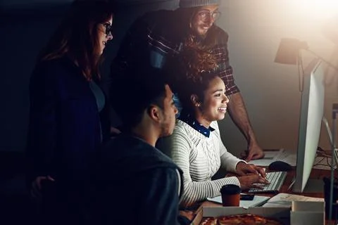 Computer, diversity collaboration and night people programming ERP software Stock Photos