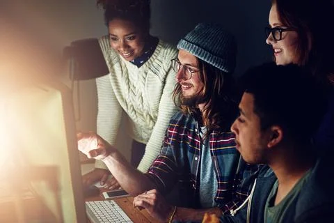 Computer, diversity teamwork or night team programming ERP software Stock Photos