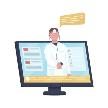 Computer with doctor call semi flat color vector object Stock Illustration