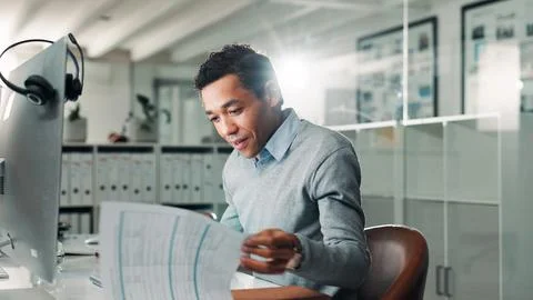 Computer, document and man with admin in call center for help or online Stock Photos