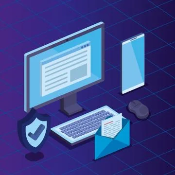 Computer with document and smartphone technology with shield security Stock Illustration