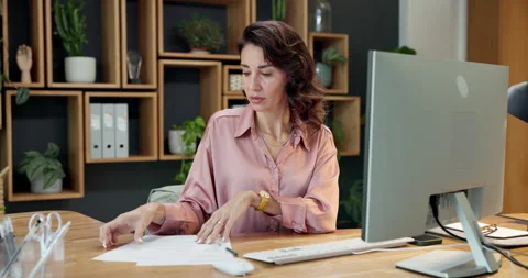 Computer, document or business woman in office with idea, reading review or Stock Footage 341735466