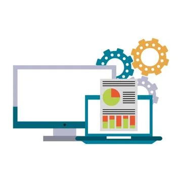 Computer with documents and gears Illustrazione stock