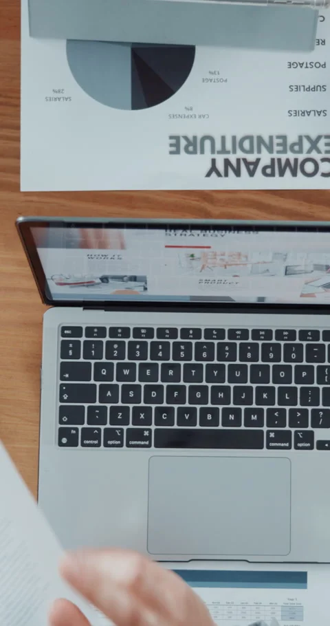 Computer, documents and hands of businessperson in office with report on company Stock Footage 320104668