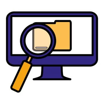 Computer with documents and magnifying glass Illustrazione stock