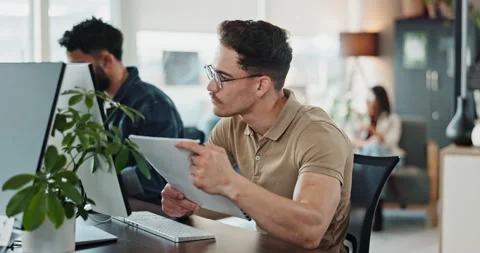 Computer, documents and web development with man software engineer in office for Stockbeeldmateriaal 290114674