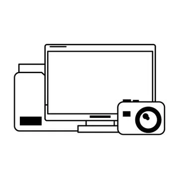 Computer with documents folder and camera black and white 스톡 일러스트