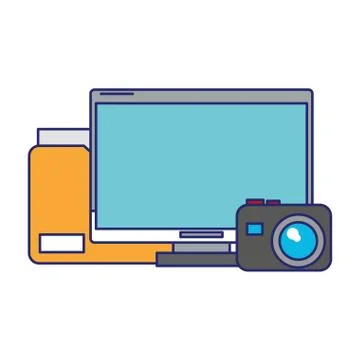Computer with documents folder and camera blue lines Stock Illustration