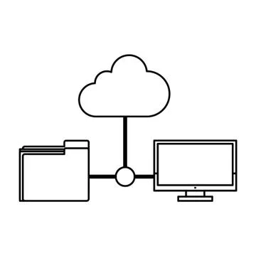 Computer with documents folder in black and white Stock Illustration