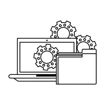 Computer with documents folder in black and white Stock Illustration