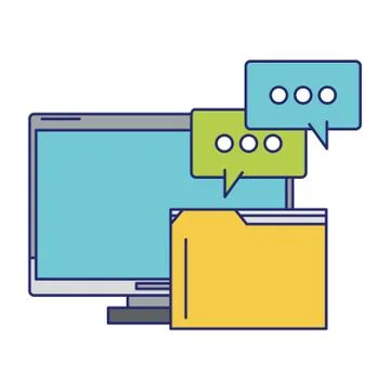 Computer with documents folder blue lines Stock Illustration