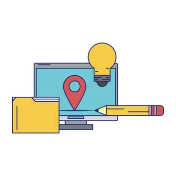 Computer with documents folder blue lines Stock Illustration