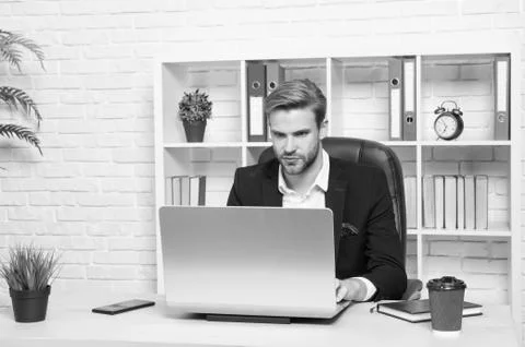 Computer does more. Computer specialist or tech. Handsome man work on computer Stock Photos