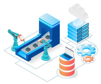 Computer-driven conveyor machine via cloud data storage Stock Illustration