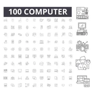 Computer editable line icons, 100 vector set, collection. Computer black outline Stock Illustration