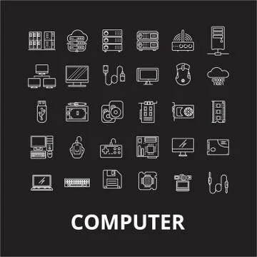 Computer editable line icons vector set on black background. Computer white Stock Illustration