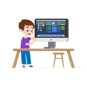 Computer Education. Cartoon Boy Flat Character. Stock Illustration