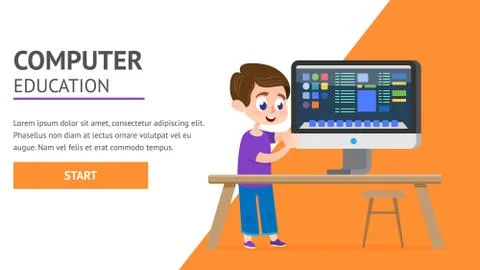 Computer Education Page. Schoolboy with PC Screen. Stock Illustration
