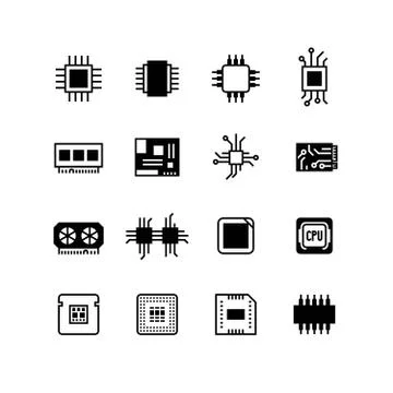 Computer electronic chips, motherboard, hardware processor vector icons Illustrazione stock