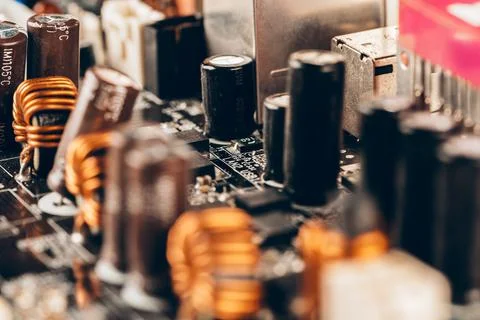 Computer electronic circuit board with processor close up 스톡 사진