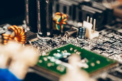 Computer electronic circuit board with processor close up Stock Photos