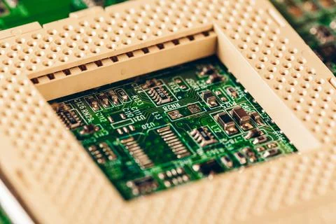 Computer electronic circuit board with processor close up Stock Photos