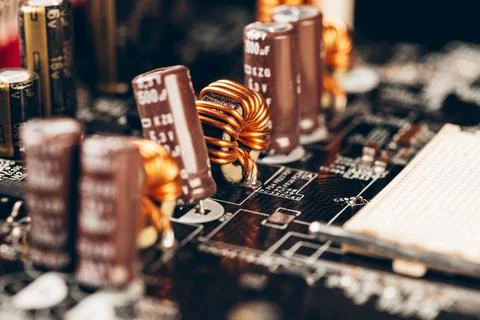 Computer electronic circuit board with processor close up Stock Photos