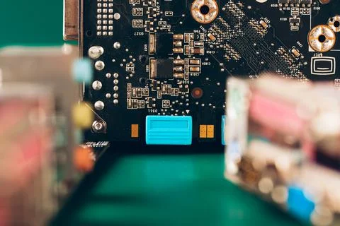 Computer electronic circuit board with processor close up 스톡 사진