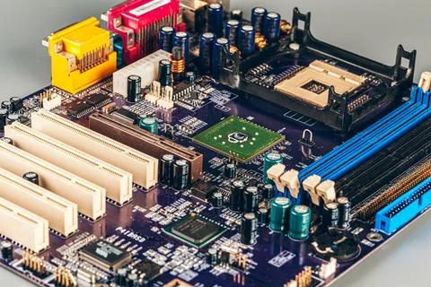 Computer electronic circuit board with processor close up 스톡 사진