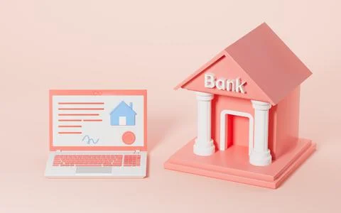 A computer with electronic contract, and bank with pink background, 3d render イラスト素材