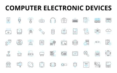 Computer electronic devices linear icons set. Laptop, Desktop, Tablet, Smartph Illustrazione stock