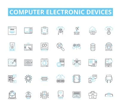 Computer electronic devices linear icons set. Laptop, Desktop, Tablet, Smartph Stock Illustration