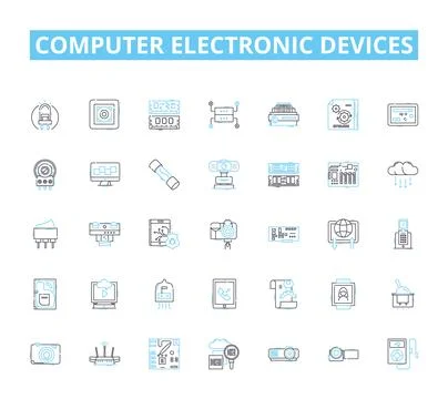 Computer electronic devices linear icons set. Laptop, Desktop, Tablet, Smartph Illustrazione stock